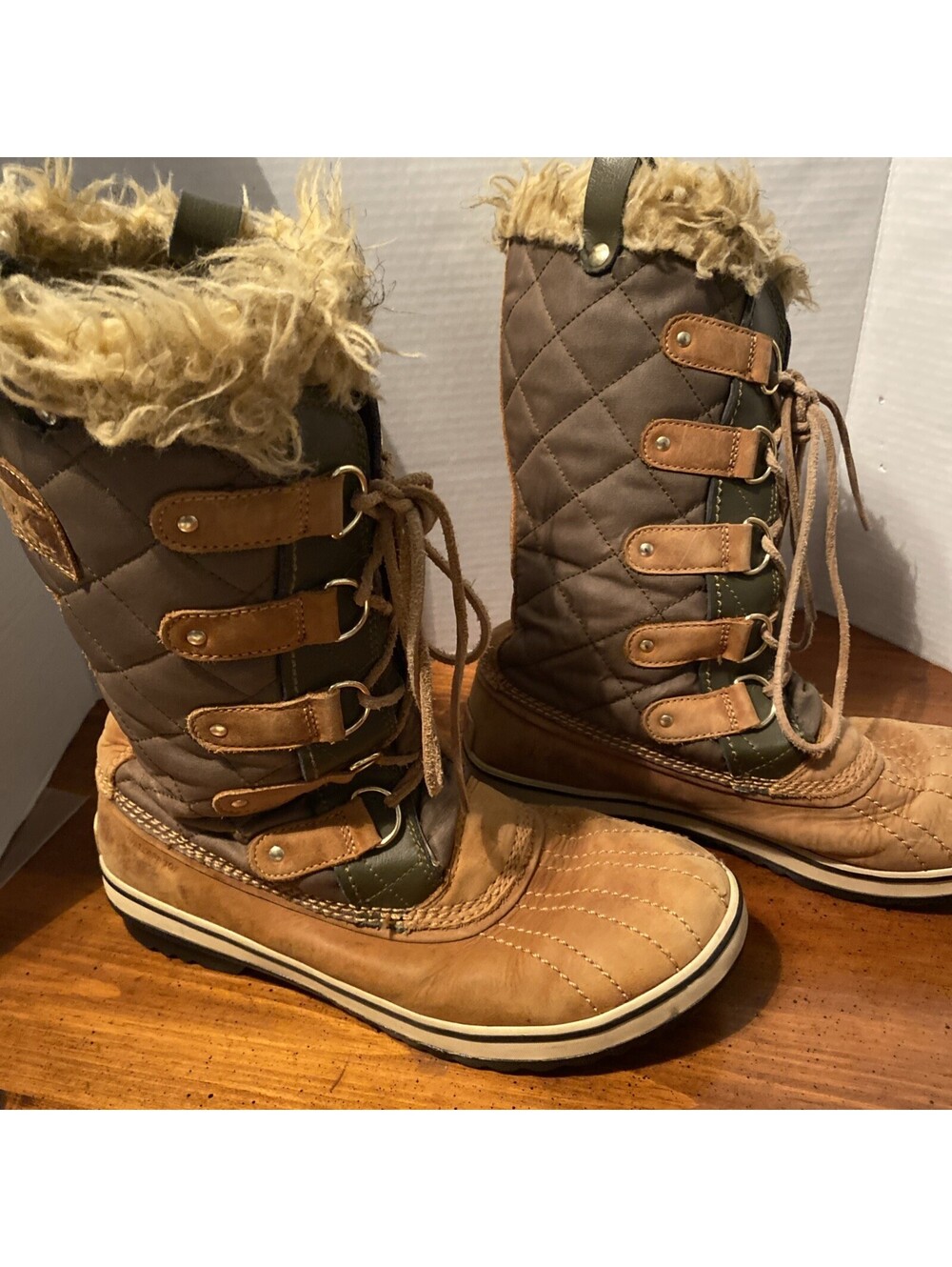 Sorel Womens Green Camel Tofino Leather Quilted Fur Winter Snow Boots Sz US 10